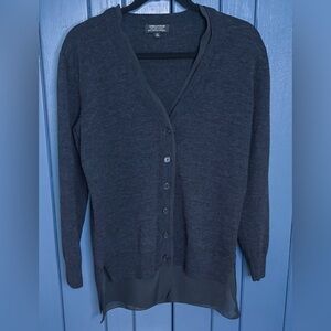 Lord And Taylor Charcoal Gray Wool Cardigan Sweater Small Sheer Trim Luxury